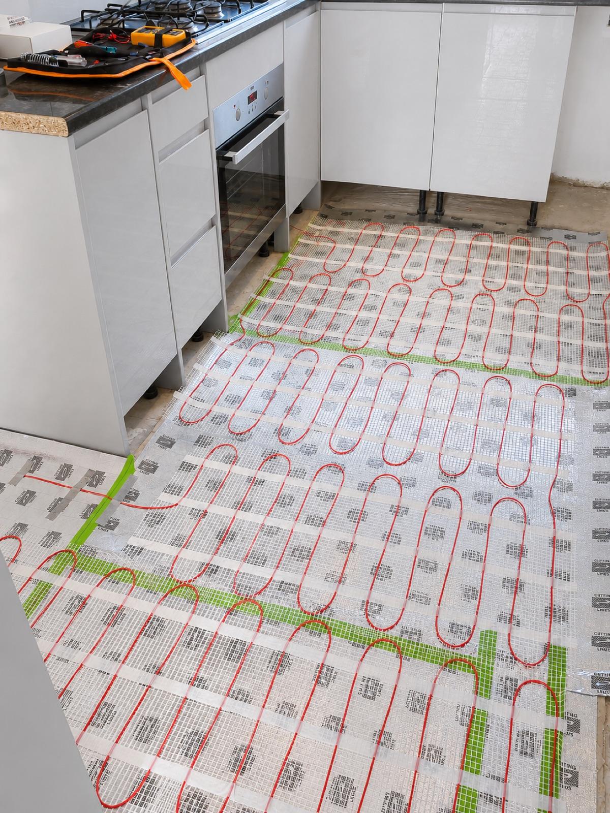 Underfloor heating laid out across a new kitchen floor before screeding.